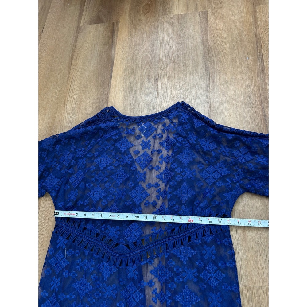 Chicos Royal Blue Lace Fringe Kimono Cardigan Boho 3 XL crotchet semi sheer - Picture 5 of 6